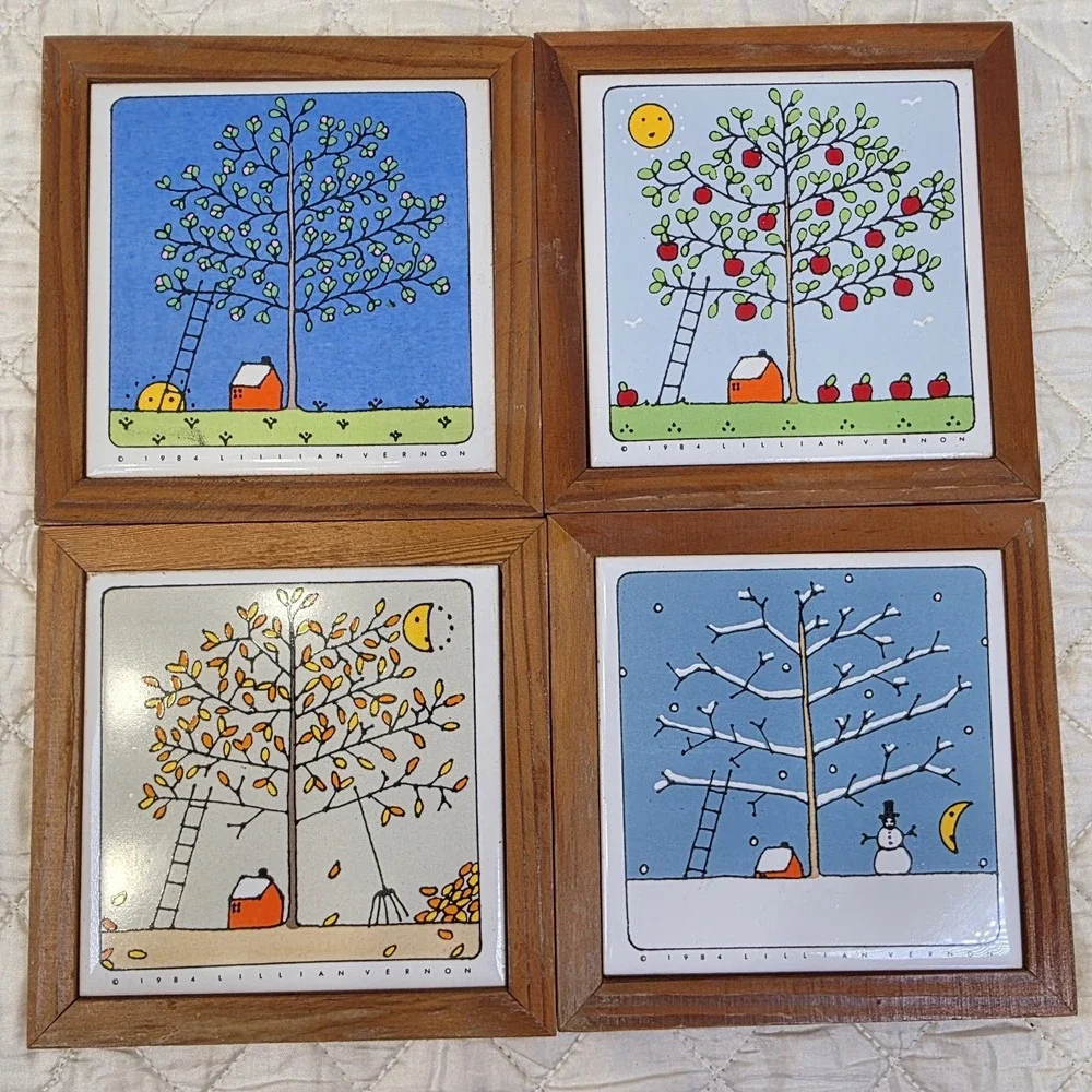 1984 Vtg Lillian Vernon Framed Tile Coasters Trivets Seasons Wall Decor Set Of 4